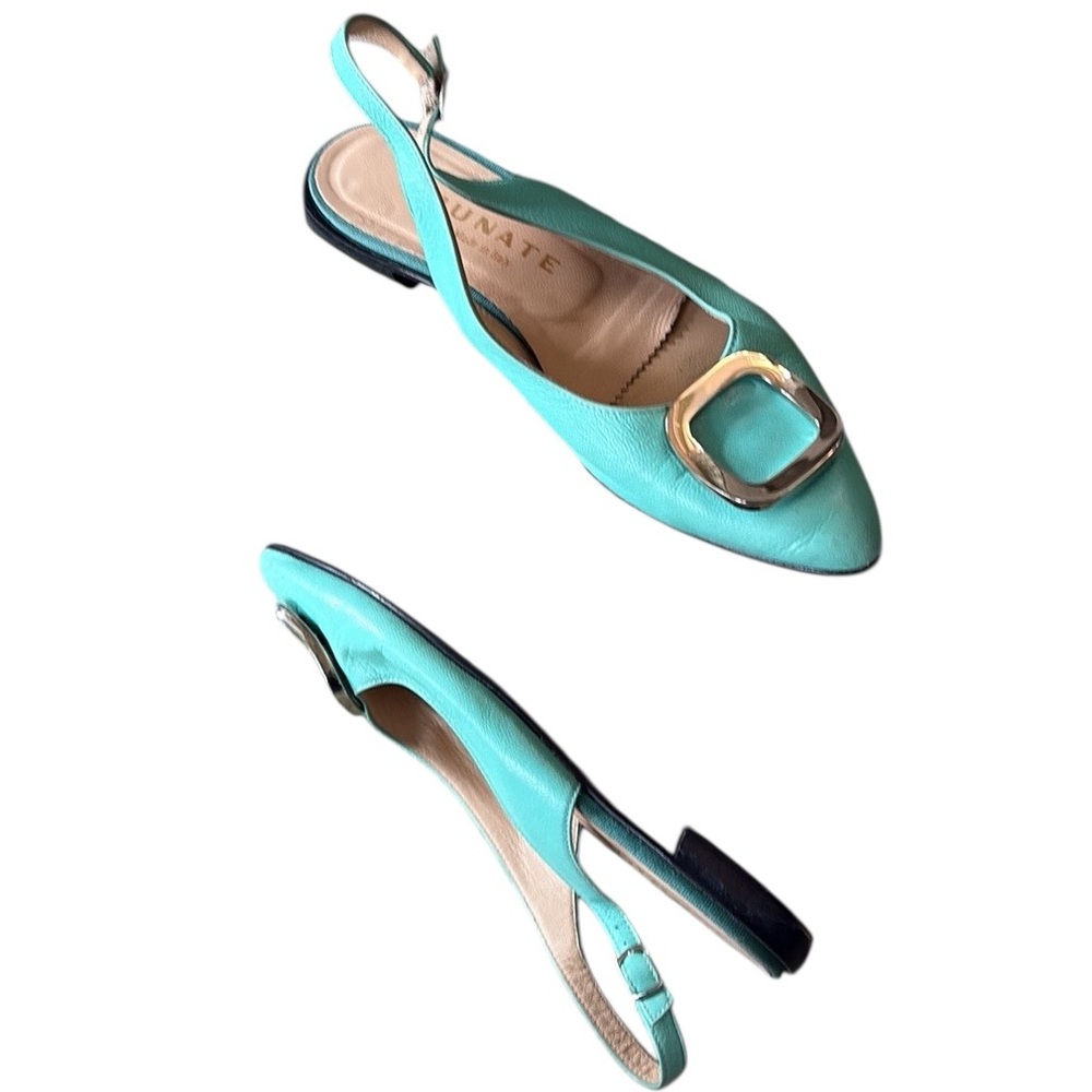 Brunate Italy Turquoise Leather Silver Buckle Low Heel Slingback Flats - 8